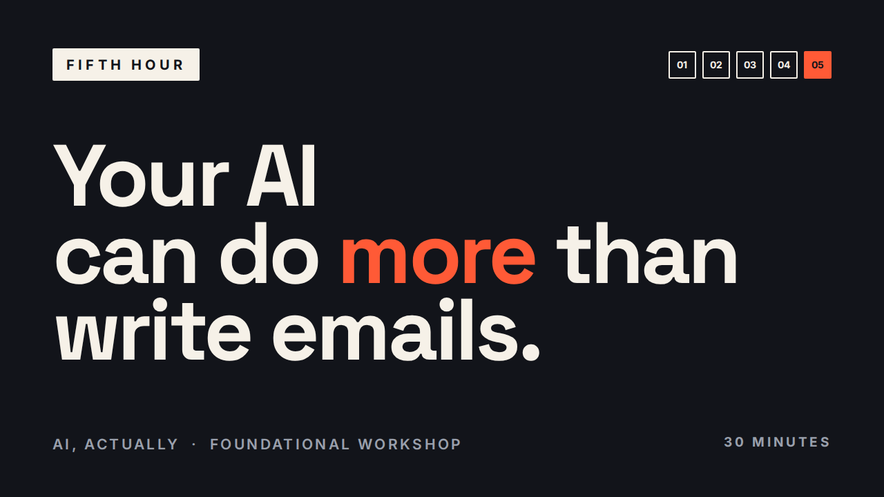 AI, Actually. Your AI can do more than write emails. A free 30 minute foundational workshop from Fifth Hour.